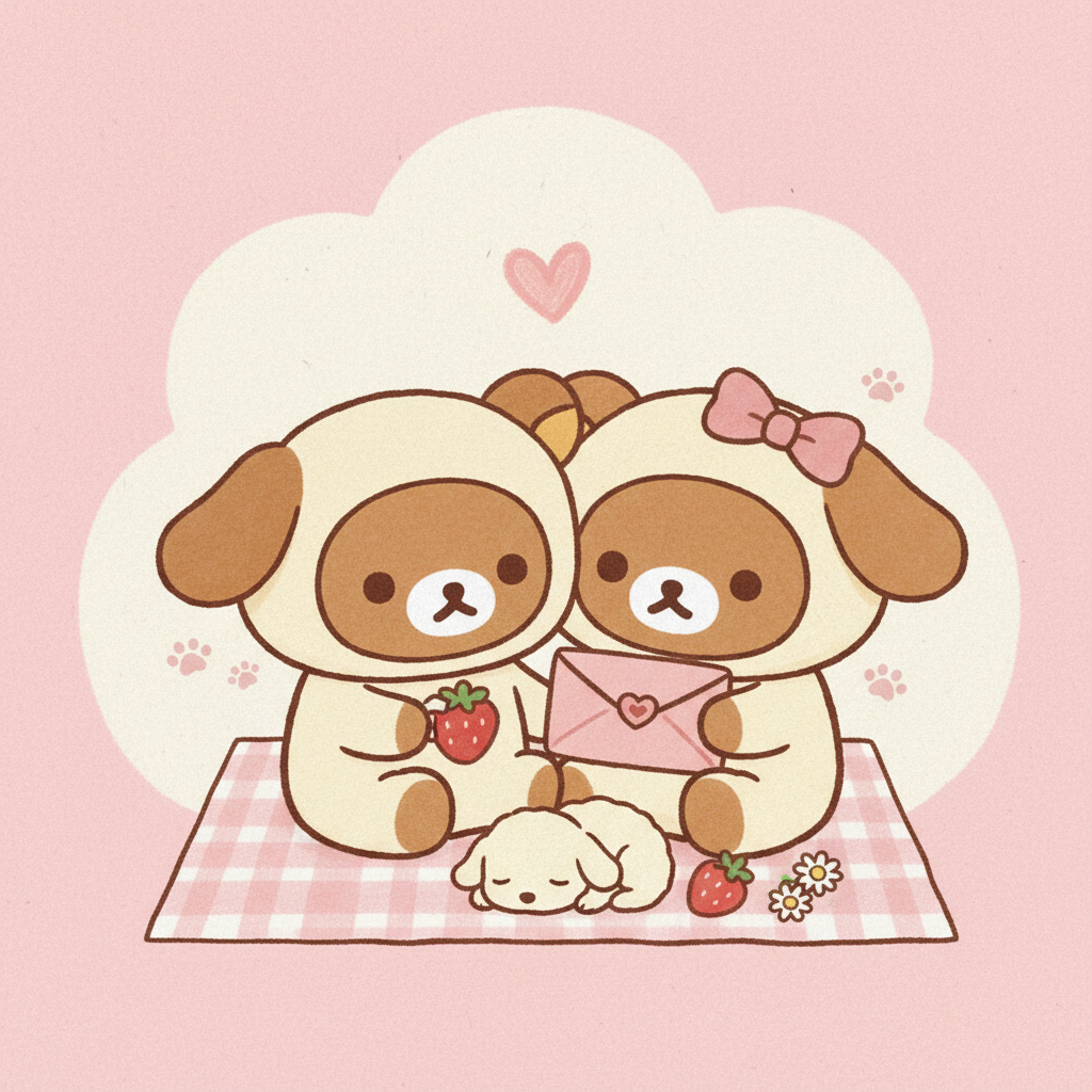 Two cuddly bears in cream puppy hoods with floppy ears hold a pink love letter. A tiny puppy sleeps beside them on a pink gingham blanket.